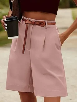 Outlet Women's Shorts Casual Daily Short Plain Side Pockets Breathability Comfortable Micro-elastic Weekend White Pink Camel Green Summer Regular Fit Women Shorts
