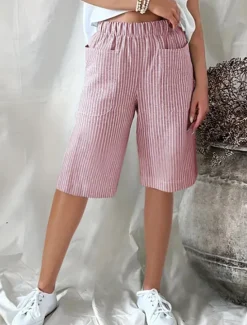 Clearance Women's Shorts Casual Daily Knee Length Striped Pocket Elastic Waistband Breathability Comfortable Inelastic Going out Weekend Black Yellow Pink Navy Blue Summer Regular Fit Women Shorts