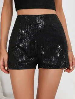 Women's Shorts Casual Daily Short Plain Sequins Breathability Comfortable Micro-elastic Club Weekend Black White Gold Rose Red Summer Regular Fit Women Shorts