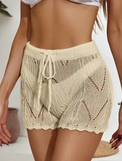 Online Women's Shorts Casual Short Plain Drawstring Cut Out Crochet Breathability Comfortable Micro-elastic Beach Weekend Black White Khaki Summer Regular Fit Women Shorts