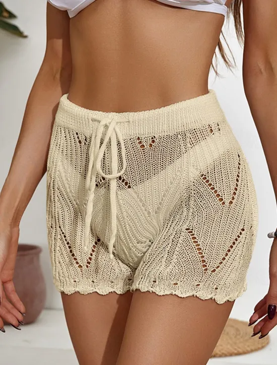 Online Women's Shorts Casual Short Plain Drawstring Cut Out Crochet Breathability Comfortable Micro-elastic Beach Weekend Black White Khaki Summer Regular Fit Women Shorts