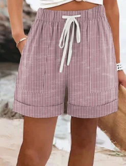 Hot Women's Shorts Chinos Vacation Vintage Ethnic Style Short High Waist Graphic Striped Pink Blue Green Gray Summer Regular Fit Women Shorts