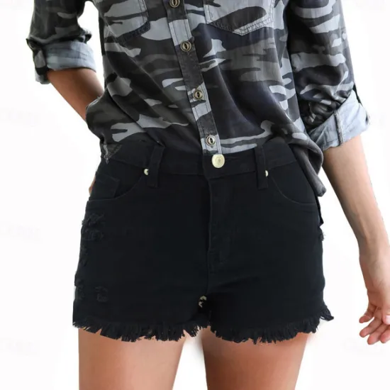 Women's Shorts Cotton Tassel Fringe Side Pockets Plain Short Black Summer Women Shorts