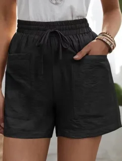 Best Women's Shorts Slacks Active Simple Casual Short High Waist Plain Pocket Drawstring Elastic Waist Breathability Soft Comfortable Micro-elastic Vacation Casual Daily Weekend Black White Yellow Pink Women Shorts