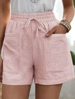 Best Women's Shorts Slacks Active Simple Casual Short High Waist Plain Pocket Drawstring Elastic Waist Breathability Soft Comfortable Micro-elastic Vacation Casual Daily Weekend Black White Yellow Pink Women Shorts