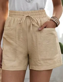 Best Women's Shorts Slacks Active Simple Casual Short High Waist Plain Pocket Drawstring Elastic Waist Breathability Soft Comfortable Micro-elastic Vacation Casual Daily Weekend Black White Yellow Pink Women Shorts
