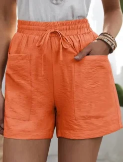Best Women's Shorts Slacks Active Simple Casual Short High Waist Plain Pocket Drawstring Elastic Waist Breathability Soft Comfortable Micro-elastic Vacation Casual Daily Weekend Black White Yellow Pink Women Shorts