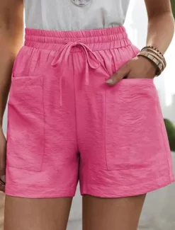 Best Women's Shorts Slacks Active Simple Casual Short High Waist Plain Pocket Drawstring Elastic Waist Breathability Soft Comfortable Micro-elastic Vacation Casual Daily Weekend Black White Yellow Pink Women Shorts