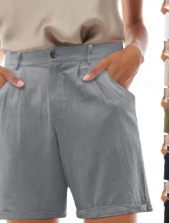 Outlet Women's Shorts Slacks Streetwear Stylish Short Natural Plain Pocket Buckle Comfy Outdoor Comfortable Street Daily Wear Going out Grey Navy Black White Summer Regular Fit Women Shorts