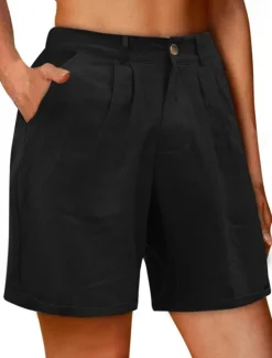 Outlet Women's Shorts Slacks Streetwear Stylish Short Natural Plain Pocket Buckle Comfy Outdoor Comfortable Street Daily Wear Going out Grey Navy Black White Summer Regular Fit Women Shorts