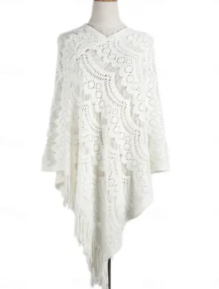 Discount Women's Shrug Casual Soft Pure Color Crochet V Neck Hollow Out Tassel Knitted Long Sleeve Regular Tops Knit Outdoor Daily Weekend White Khaki Fall Winter Women Shrugs & Capes