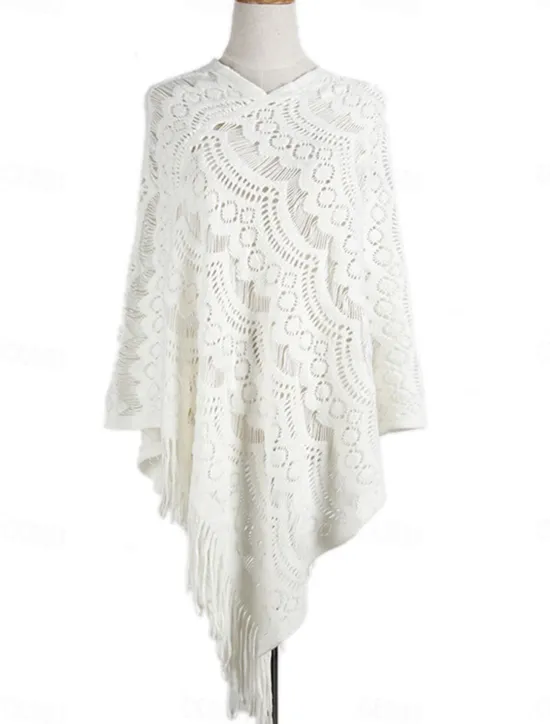 Discount Women's Shrug Casual Soft Pure Color Crochet V Neck Hollow Out Tassel Knitted Long Sleeve Regular Tops Knit Outdoor Daily Weekend White Khaki Fall Winter Women Shrugs & Capes
