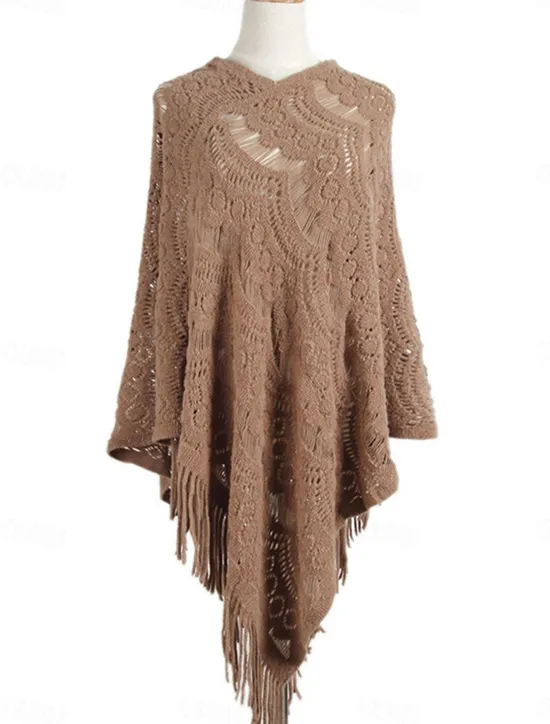 Discount Women's Shrug Casual Soft Pure Color Crochet V Neck Hollow Out Tassel Knitted Long Sleeve Regular Tops Knit Outdoor Daily Weekend White Khaki Fall Winter Women Shrugs & Capes