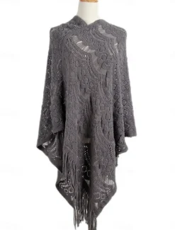 Discount Women's Shrug Casual Soft Pure Color Crochet V Neck Hollow Out Tassel Knitted Long Sleeve Regular Tops Knit Outdoor Daily Weekend White Khaki Fall Winter Women Shrugs & Capes