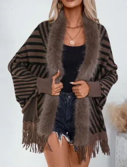 Clearance Women's Shrug Casual Soft Striped Ribbed Crew Neck Knitted Faux Fur Trim Long Sleeve Regular Tops Knit Outdoor Daily Weekend Wine Apricot Fall Winter Women Shrugs & Capes