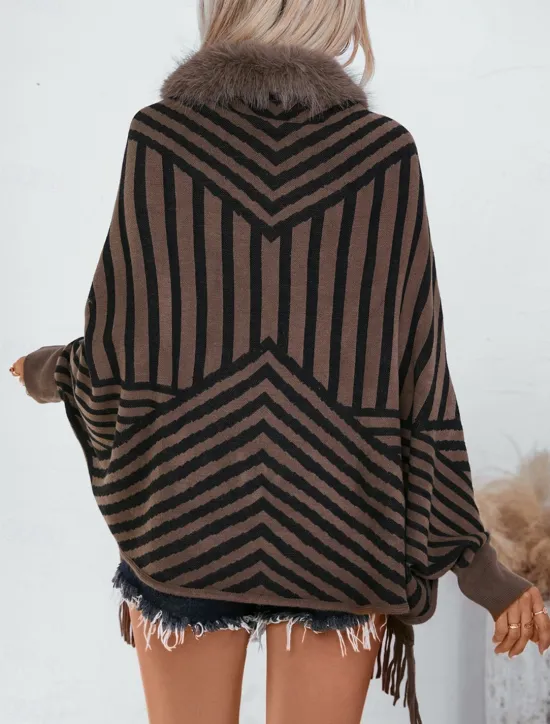 Clearance Women's Shrug Casual Soft Striped Ribbed Crew Neck Knitted Faux Fur Trim Long Sleeve Regular Tops Knit Outdoor Daily Weekend Wine Apricot Fall Winter Women Shrugs & Capes