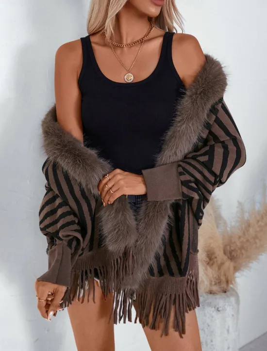 Clearance Women's Shrug Casual Soft Striped Ribbed Crew Neck Knitted Faux Fur Trim Long Sleeve Regular Tops Knit Outdoor Daily Weekend Wine Apricot Fall Winter Women Shrugs & Capes