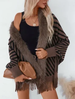 Clearance Women's Shrug Casual Soft Striped Ribbed Crew Neck Knitted Faux Fur Trim Long Sleeve Regular Tops Knit Outdoor Daily Weekend Wine Apricot Fall Winter Women Shrugs & Capes