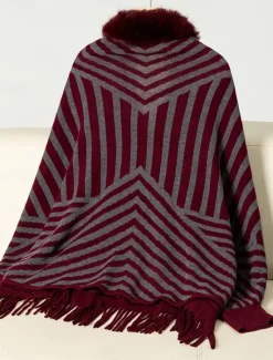 Clearance Women's Shrug Casual Soft Striped Ribbed Crew Neck Knitted Faux Fur Trim Long Sleeve Regular Tops Knit Outdoor Daily Weekend Wine Apricot Fall Winter Women Shrugs & Capes