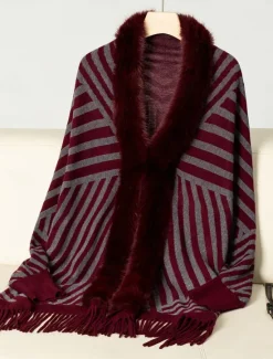 Clearance Women's Shrug Casual Soft Striped Ribbed Crew Neck Knitted Faux Fur Trim Long Sleeve Regular Tops Knit Outdoor Daily Weekend Wine Apricot Fall Winter Women Shrugs & Capes