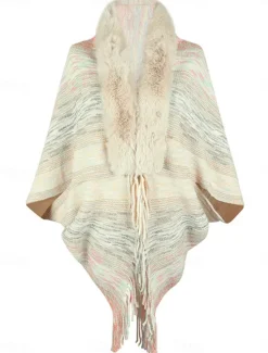 Hot Women's Shrug Casual Soft Rainbow Ribbed Open Front Tassel Knitted Faux Fur Trim Long Sleeve Regular Tops Knit Outdoor Daily Weekend Pink Apricot Fall Winter Women Shrugs & Capes