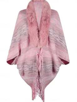 Hot Women's Shrug Casual Soft Rainbow Ribbed Open Front Tassel Knitted Faux Fur Trim Long Sleeve Regular Tops Knit Outdoor Daily Weekend Pink Apricot Fall Winter Women Shrugs & Capes