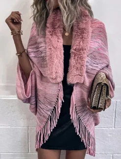 Hot Women's Shrug Casual Soft Rainbow Ribbed Open Front Tassel Knitted Faux Fur Trim Long Sleeve Regular Tops Knit Outdoor Daily Weekend Pink Apricot Fall Winter Women Shrugs & Capes