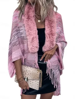 Hot Women's Shrug Casual Soft Rainbow Ribbed Open Front Tassel Knitted Faux Fur Trim Long Sleeve Regular Tops Knit Outdoor Daily Weekend Pink Apricot Fall Winter Women Shrugs & Capes