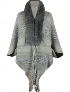 Hot Women's Shrug Casual Soft Rainbow Ribbed Open Front Tassel Knitted Faux Fur Trim Long Sleeve Regular Tops Knit Outdoor Daily Weekend Pink Apricot Fall Winter Women Shrugs & Capes