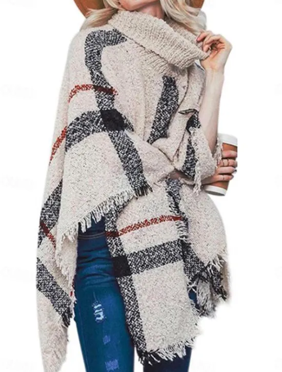 Hot Women's Shrug Casual Soft Plaid Ribbed Turtleneck Tassel Knitted Long Sleeve Regular Tops Knit Outdoor Daily Weekend White Red Fall Winter Women Shrugs & Capes|Cardigans & Outerwears