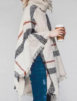 Hot Women's Shrug Casual Soft Plaid Ribbed Turtleneck Tassel Knitted Long Sleeve Regular Tops Knit Outdoor Daily Weekend White Red Fall Winter Women Shrugs & Capes|Cardigans & Outerwears
