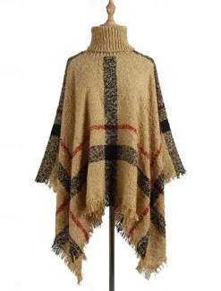 Hot Women's Shrug Casual Soft Plaid Ribbed Turtleneck Tassel Knitted Long Sleeve Regular Tops Knit Outdoor Daily Weekend White Red Fall Winter Women Shrugs & Capes|Cardigans & Outerwears