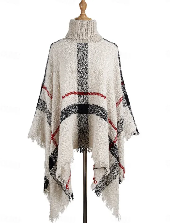 Hot Women's Shrug Casual Soft Plaid Ribbed Turtleneck Tassel Knitted Long Sleeve Regular Tops Knit Outdoor Daily Weekend White Red Fall Winter Women Shrugs & Capes|Cardigans & Outerwears