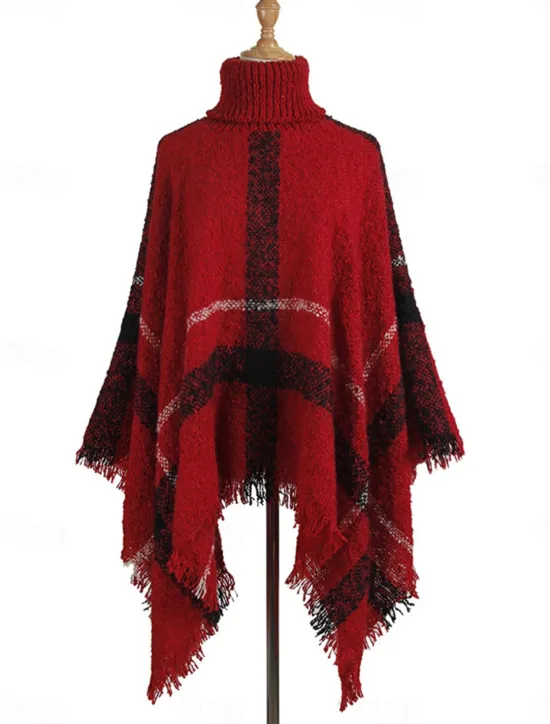 Hot Women's Shrug Casual Soft Plaid Ribbed Turtleneck Tassel Knitted Long Sleeve Regular Tops Knit Outdoor Daily Weekend White Red Fall Winter Women Shrugs & Capes|Cardigans & Outerwears