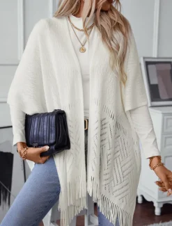 Discount Women's Shrug Stylish Casual Solid Color Ribbed Open Front Tassel Knitted Sleeveless Regular Tops Knit Outdoor Daily Khaki Fall Winter Women Shrugs & Capes|Cardigans & Outerwears