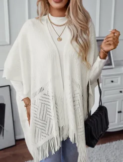 Discount Women's Shrug Stylish Casual Solid Color Ribbed Open Front Tassel Knitted Sleeveless Regular Tops Knit Outdoor Daily Khaki Fall Winter Women Shrugs & Capes|Cardigans & Outerwears