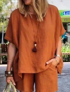 New Women's Simple Basic Cotton Linen Sets Two Piece Sets T Shirt Half Sleeve Short Pant Crew Neck Pure Color Pocket Street Daily Black Blue Purple Summer Women Sets