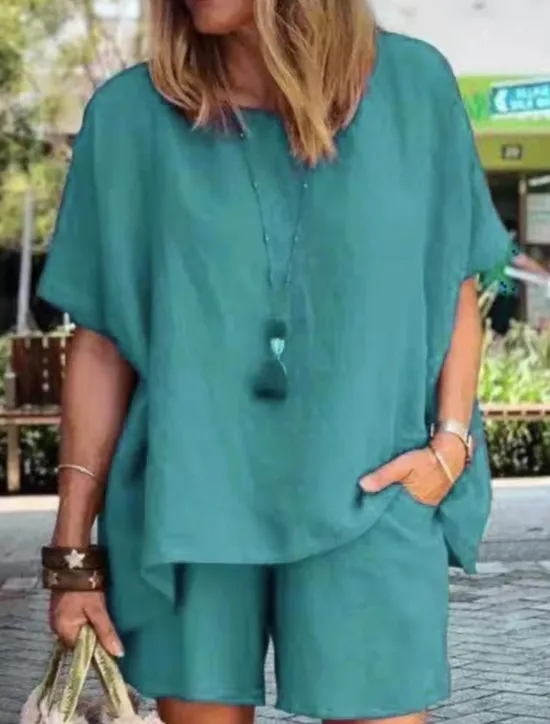 New Women's Simple Basic Cotton Linen Sets Two Piece Sets T Shirt Half Sleeve Short Pant Crew Neck Pure Color Pocket Street Daily Black Blue Purple Summer Women Sets