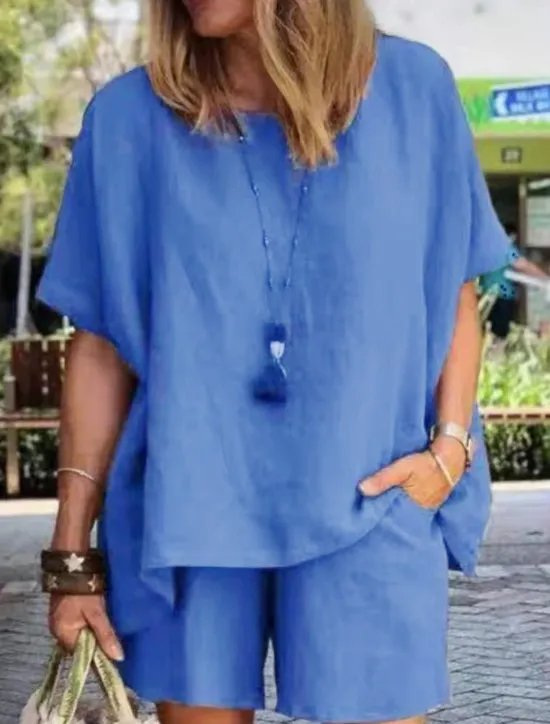 New Women's Simple Basic Cotton Linen Sets Two Piece Sets T Shirt Half Sleeve Short Pant Crew Neck Pure Color Pocket Street Daily Black Blue Purple Summer Women Sets