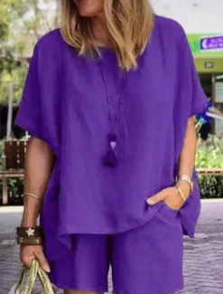 New Women's Simple Basic Cotton Linen Sets Two Piece Sets T Shirt Half Sleeve Short Pant Crew Neck Pure Color Pocket Street Daily Black Blue Purple Summer Women Sets