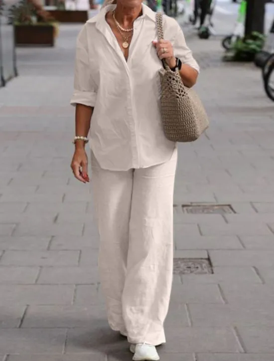 Clearance Women's Simple Casual Comfort Shirt Cotton Linen Sets Two Piece Sets Long Sleeve Long Pant Lapel Pure Color Buttons Home Street Daily Black Pink Blue Summer Women Sets