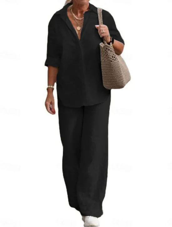Clearance Women's Simple Casual Comfort Shirt Cotton Linen Sets Two Piece Sets Long Sleeve Long Pant Lapel Pure Color Buttons Home Street Daily Black Pink Blue Summer Women Sets