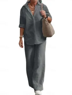 Clearance Women's Simple Casual Comfort Shirt Cotton Linen Sets Two Piece Sets Long Sleeve Long Pant Lapel Pure Color Buttons Home Street Daily Black Pink Blue Summer Women Sets