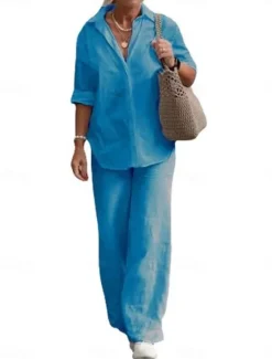 Clearance Women's Simple Casual Comfort Shirt Cotton Linen Sets Two Piece Sets Long Sleeve Long Pant Lapel Pure Color Buttons Home Street Daily Black Pink Blue Summer Women Sets