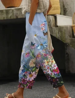 Sale Women's Skinny Elegant Vacation Vintage Full Length High Waist Floral Graphic Printing Breathable Soft Micro-elastic Formal Outdoor Vacation White Blue Purple Green Summer Spring Regular Fit Women Pants