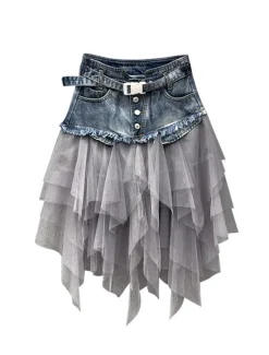Clearance Women's Skirt A Line Basic Long Carnival Costumes Ladies Asymmetrical Skirts Color Block Solid Colored Pleated Tulle Vacation Daily Wear Black Light Blue Summer Denim Women Skirts