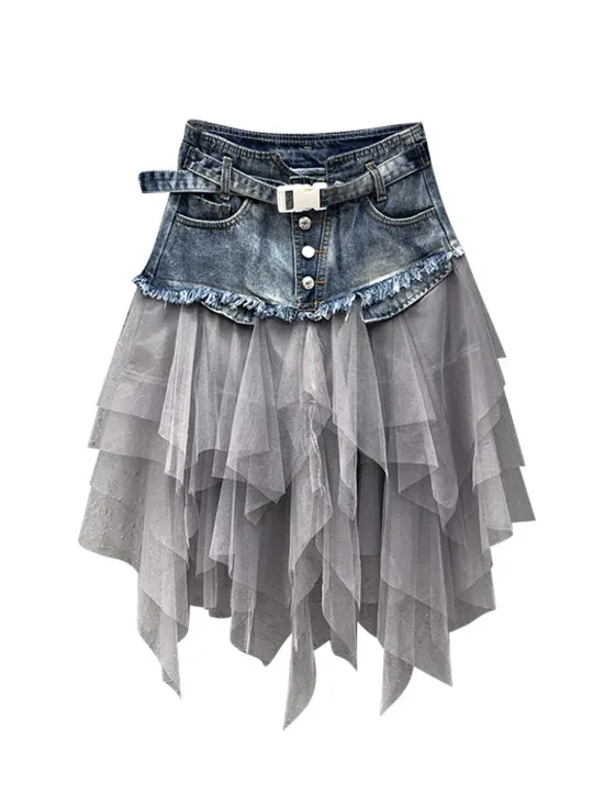 Clearance Women's Skirt A Line Basic Long Carnival Costumes Ladies Asymmetrical Skirts Color Block Solid Colored Pleated Tulle Vacation Daily Wear Black Light Blue Summer Denim Women Skirts