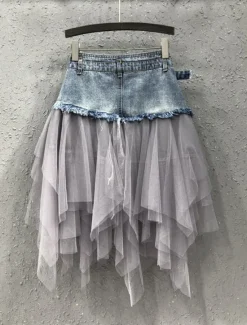 Clearance Women's Skirt A Line Basic Long Carnival Costumes Ladies Asymmetrical Skirts Color Block Solid Colored Pleated Tulle Vacation Daily Wear Black Light Blue Summer Denim Women Skirts