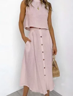 Online Women's Skirt A Line Basic Casual Maxi High Waist Skirts Solid Colored Pocket Casual Daily Weekend White Yellow Pink Red Summer Cotton Women Skirts|Dresses