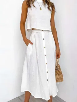 Online Women's Skirt A Line Basic Casual Maxi High Waist Skirts Solid Colored Pocket Casual Daily Weekend White Yellow Pink Red Summer Cotton Women Skirts|Dresses